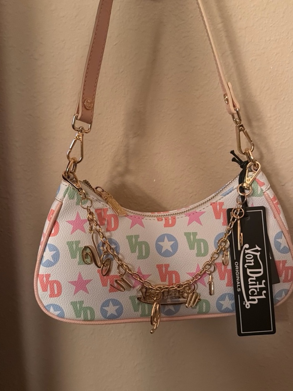 Von Dutch Pastel Logo Charm Shoulder Bag - Pink Trim